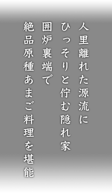 人里離れた源流にひっそりと佇む隠れ家 囲炉裏端で絶品原種あまご料理を堪能